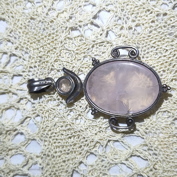 Large 2" Natural Rose Quartz Gemstone Pendant Oval .925 Sterling Silver - Picture 3 of 4